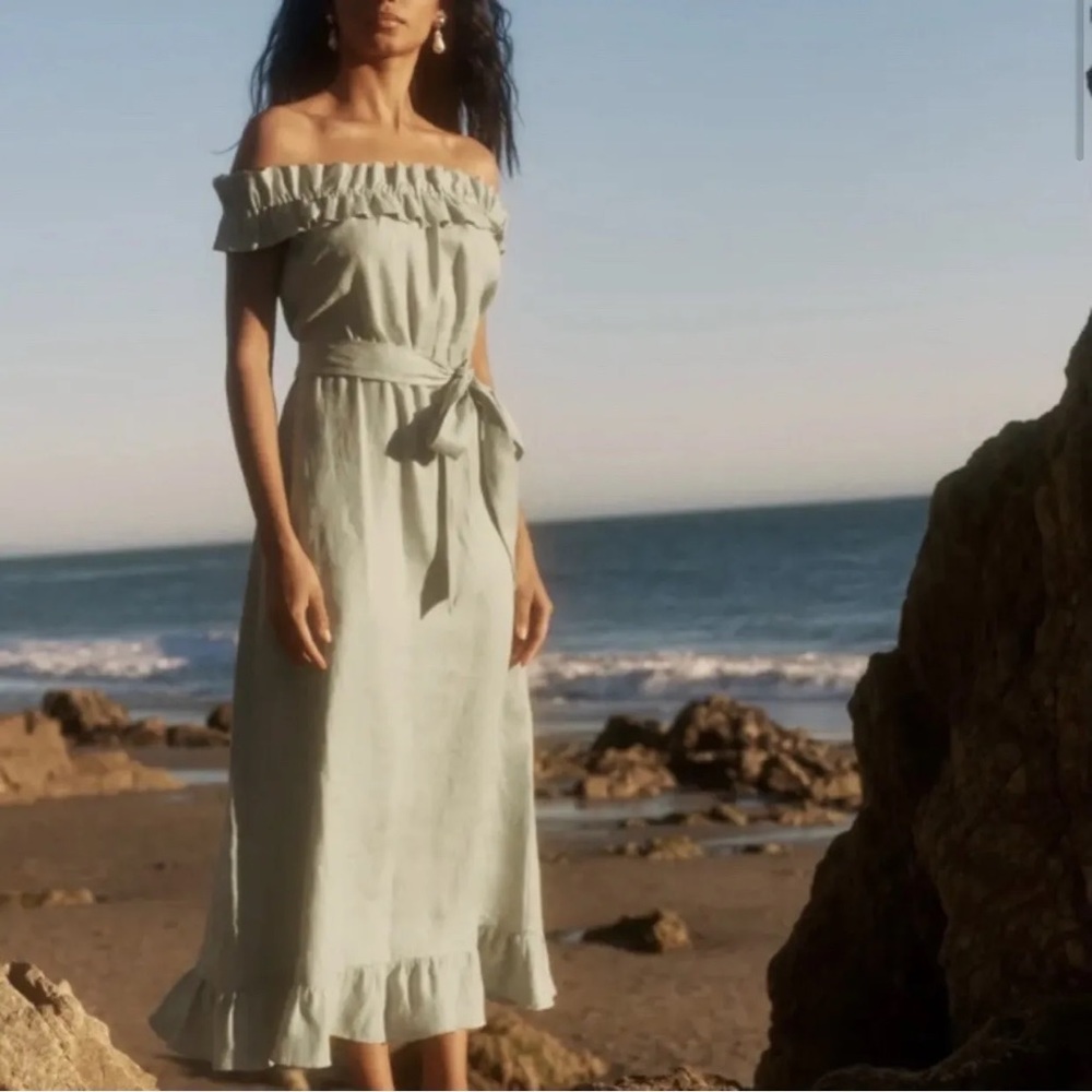 Reformation Sycamore 100% Linen Dress, color: Dried Herbs, Off the shoulder, Med